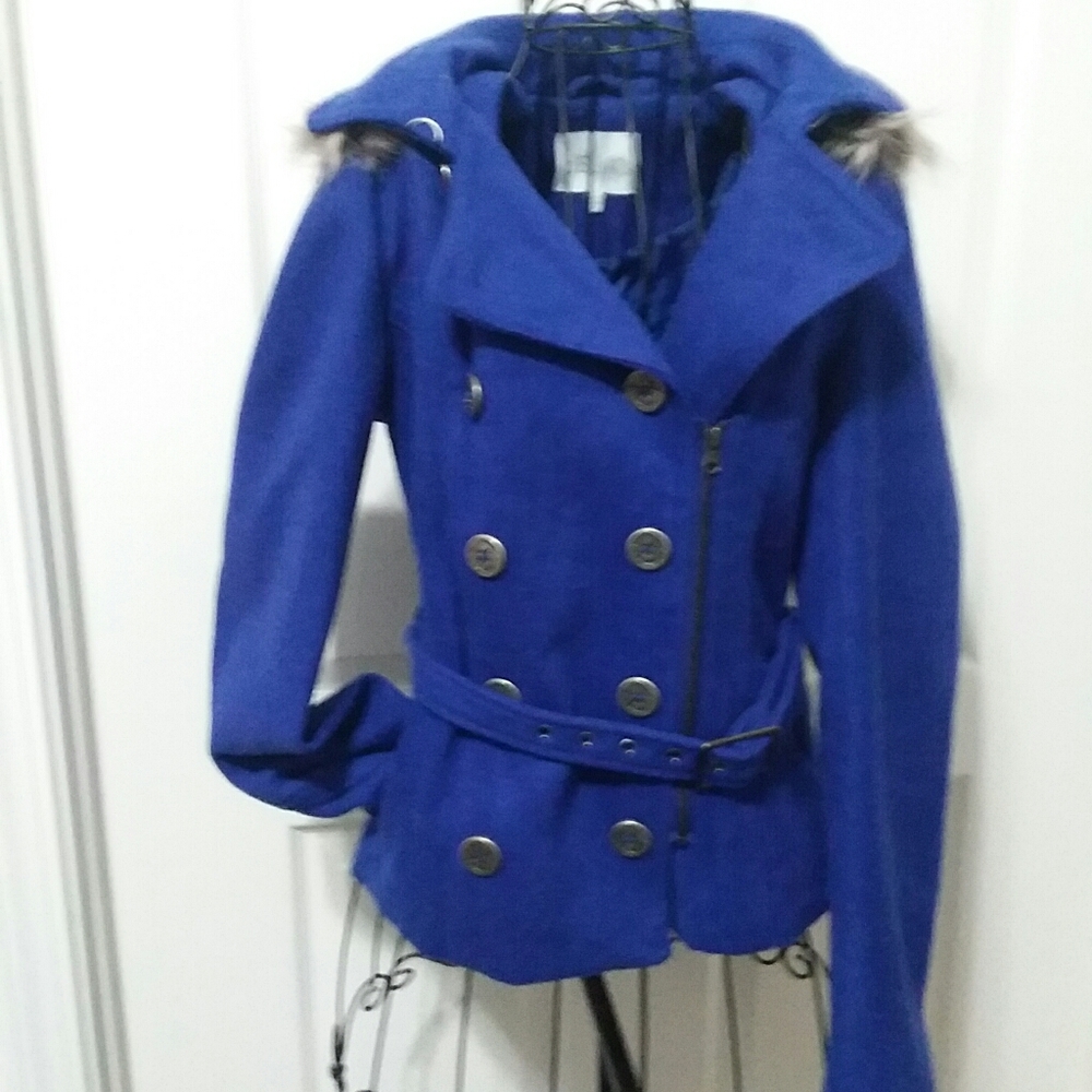 DeliA*s blue double breasted fur hood zipper coat